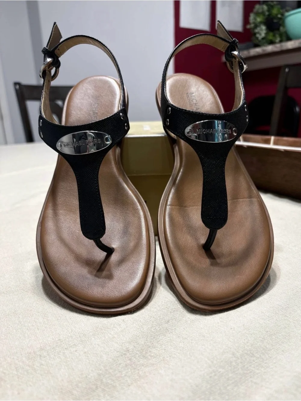 Michael Kors Black and Brown T-Strap Sandals with Logo Plate